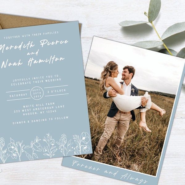 Minimalist Dusty Blue Wedding Invitation Template with Photo, Boho Wedding Set with Simple Light Blue Periwinkle Wildflower Floral & Picture