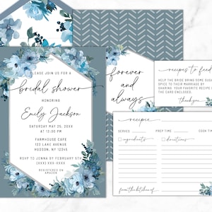 Blue and Silver Floral Bridal Shower Bundle Templates with Recipe Card, Request Card, Hexagon, Bridal Shower Brunch Invite, Envelope Liners