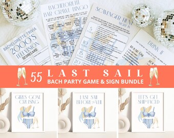 Könnte beinhalten: Ein Set mit Party-Spielen und Schildern für einen Junggesellinnenabschied. Es beinhaltet Trivia-, Bingo- und Schnitzeljagd-Karten sowie gerahmte Kunstdrucke mit Badebekleidungs-Illustrationen und den Sätzen "Girls Gone Cruising", "Last Sail Before the Veil" und "Let's Get Ship Faced."