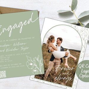 Dusty Sage Green Engagement Party Invitation Template with Photo, RSVP QR Code, Modern Engaged Boho Wildflower Invite with Arch Picture