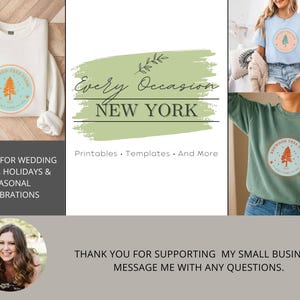 Pode incluir: A imagem mostra uma variedade de roupas, incluindo um moletom branco, uma camiseta azul clara e um moletom verde, cada um com um gr&aacute;fico circular com um desenho de &aacute;rvore. O texto "Every Occasion NEW YORK" tamb&eacute;m &eacute; vis&iacute;vel, juntamente com a frase "DESIGNS FOR WEDDING EVENTS, HOLIDAYS & SEASONAL CELEBRATIONS."