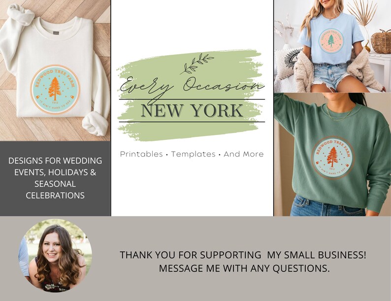 Pode incluir: A imagem mostra uma variedade de roupas, incluindo um moletom branco, uma camiseta azul clara e um moletom verde, cada um com um gr&aacute;fico circular com um desenho de &aacute;rvore. O texto "Every Occasion NEW YORK" tamb&eacute;m &eacute; vis&iacute;vel, juntamente com a frase "DESIGNS FOR WEDDING EVENTS, HOLIDAYS & SEASONAL CELEBRATIONS."