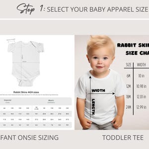 May include: Image shows a baby apparel size chart with measurements in inches for infant onesies and toddler tees. The chart includes sizes, width, and length for various ages, with a baby wearing a white tee.