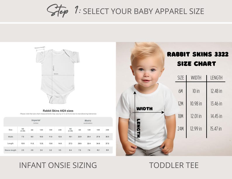 May include: Image shows a baby apparel size chart with measurements in inches for infant onesies and toddler tees. The chart includes sizes, width, and length for various ages, with a baby wearing a white tee.