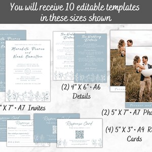 Pode incluir: Dez modelos de convite de casamento edit&aacute;veis em v&aacute;rios tamanhos, incluindo cart&otilde;es de detalhes A6, convites e verso de fotos A7 e cart&otilde;es RSVP A9. Os modelos apresentam um fundo azul claro com um design floral e texto escrito &agrave; m&atilde;o.