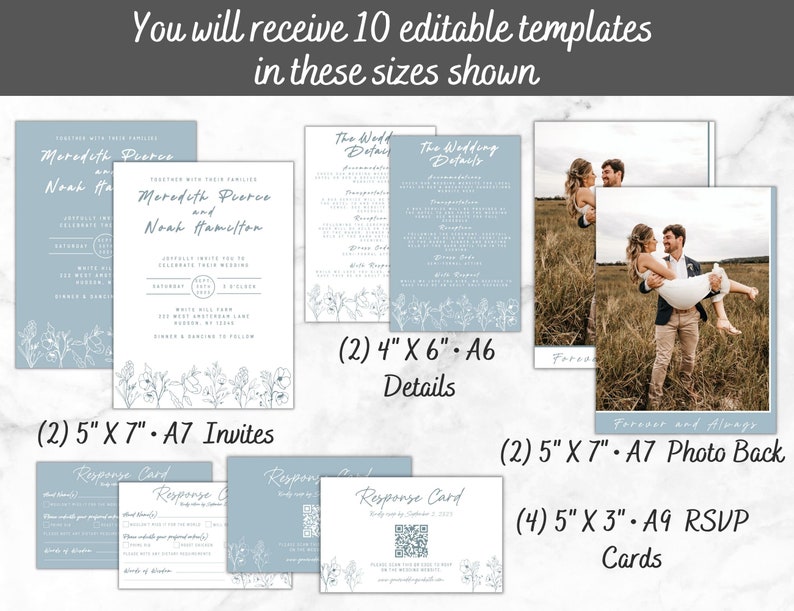 Pode incluir: Dez modelos de convite de casamento edit&aacute;veis em v&aacute;rios tamanhos, incluindo cart&otilde;es de detalhes A6, convites e verso de fotos A7 e cart&otilde;es RSVP A9. Os modelos apresentam um fundo azul claro com um design floral e texto escrito &agrave; m&atilde;o.