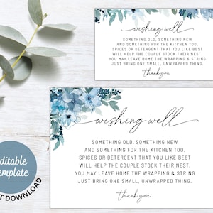 Dusty Blue Wishing Well Card Editable Template, Bridal Shower Insert Card, Wedding Enclosure Card, Wedding Details Card, Instant Download