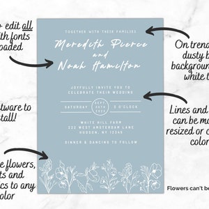 Pode incluir: Um convite de casamento azul p&oacute; com texto branco. O convite diz "Juntos com suas fam&iacute;lias, Meredith Pierce e Noah Hamilton convidam-vos cordialmente a celebrar o seu casamento, S&aacute;bado, 30 de setembro de 2023, 15h00, White Hill Farm, 222 West Amsterdam Lane, Hudson, NY 12345, Jantar e dan&ccedil;a ap&oacute;s a cerim&ocirc;nia". O convite tem uma borda floral branca na parte inferior.