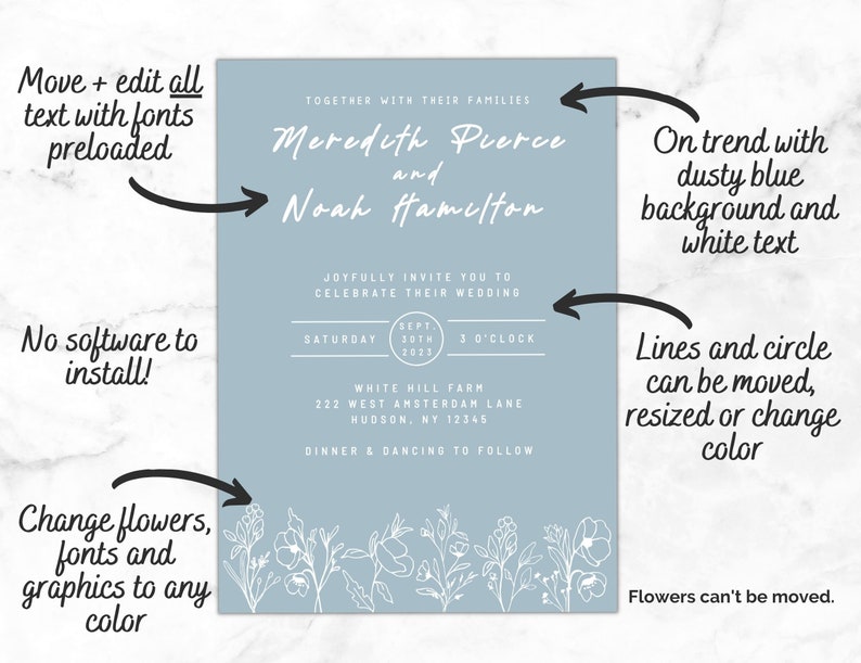 Pode incluir: Um convite de casamento azul p&oacute; com texto branco. O convite diz "Juntos com suas fam&iacute;lias, Meredith Pierce e Noah Hamilton convidam-vos cordialmente a celebrar o seu casamento, S&aacute;bado, 30 de setembro de 2023, 15h00, White Hill Farm, 222 West Amsterdam Lane, Hudson, NY 12345, Jantar e dan&ccedil;a ap&oacute;s a cerim&ocirc;nia". O convite tem uma borda floral branca na parte inferior.