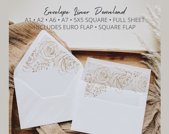 Gold Flowers Envelope Liner Templates in A7 A6 A2 A1 & Square 5x5 for Wedding, Bridal Shower, Anniversary, Euro Flap Liner, Square Flap