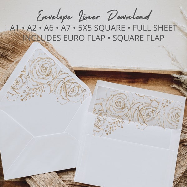 Gold Flowers Envelope Liner Templates in A7 A6 A2 A1 & Square 5x5 for Wedding, Bridal Shower, Anniversary, Euro Flap Liner, Square Flap