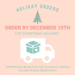 May include: A graphic with text that reads "HOLIDAY ORDERS" and "ORDER BY DECEMBER 10TH FOR CHRISTMAS DELIVERY". A Christmas tree and a delivery truck are also featured on a light pink background.