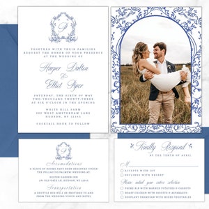 Vintage Wedding Invitation Suite Template, Wedding Details Card, RSVP Card, Dusty Blue French Country Floral, Victorian Classic Invite Set
