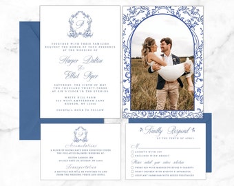 Vintage Wedding Invitation Suite Template, Wedding Details Card, RSVP Card, Dusty Blue French Country Floral, Victorian Classic Invite Set