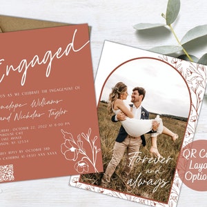 Terracotta Engagement Party Invitation Template with Photo, QR Code Burnt Orange and Rust Modern Engaged Boho Wildflower Invite Arch Picture