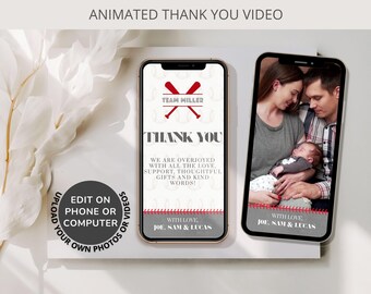 Baseball Thank You Video Template, Baby Boy Newborn Photo Digital Card, Baby Girl eCard Canva Template, Baby Shower Video Thank You