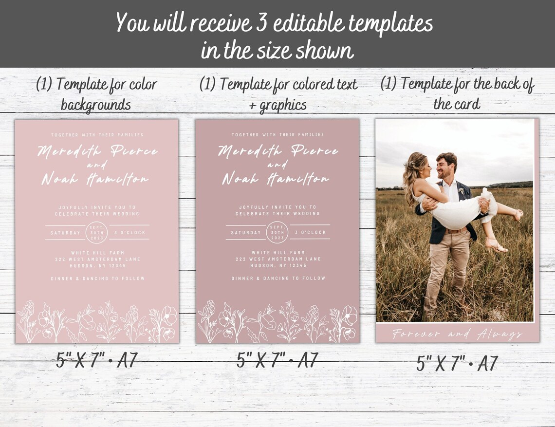 Dusty Rose Wedding Invitation With Photo Template Wedding - Etsy
