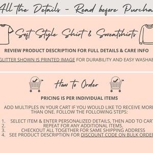 May include: A peach-colored graphic with black text that reads "All the Details - Read before Purchase" and "Soft Style Shirt & Sweatshirts." It also includes instructions on how to order and care information.