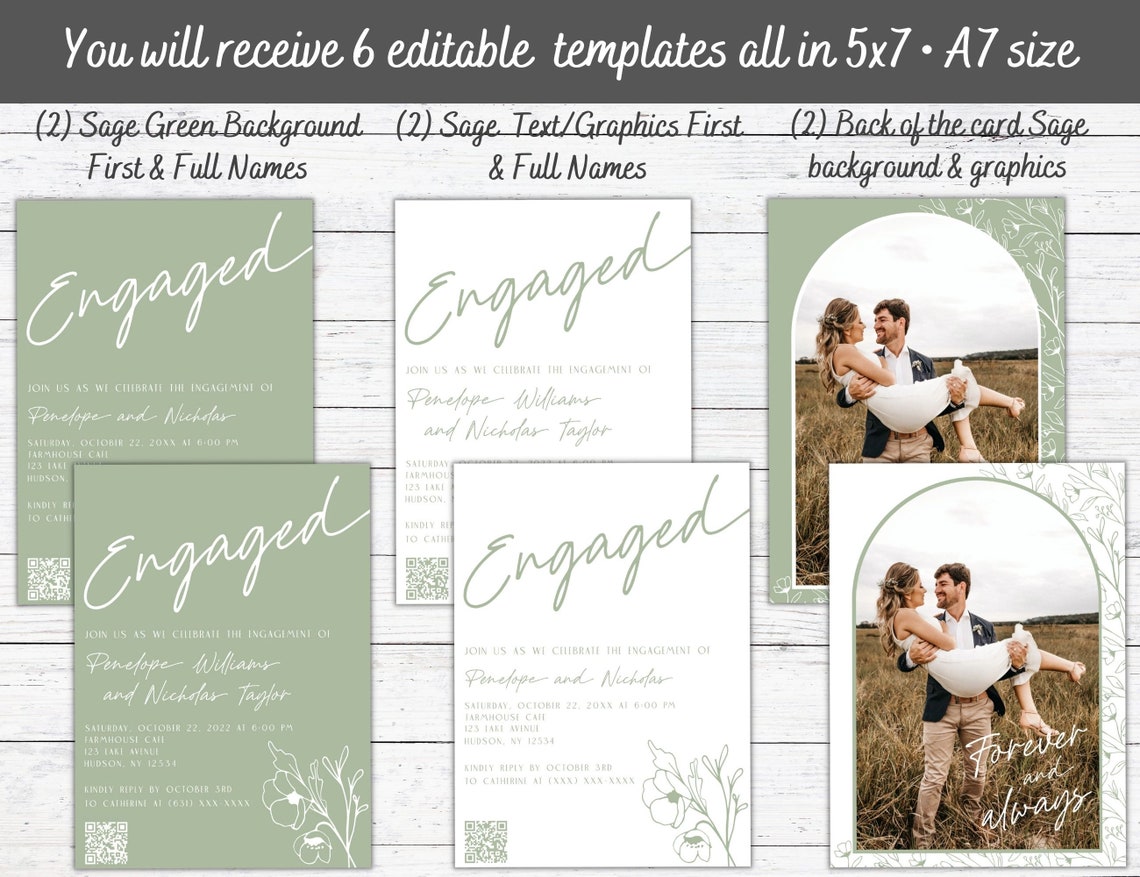 Dusty Sage Green Engagement Party Invitation Template With Photo, RSVP