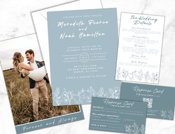 Dusty Blue Minimalist Wedding Invitation Suite, Photo Wedding Invite Download, Floral Wedding Details Card, QR Code RSVP Editable Template