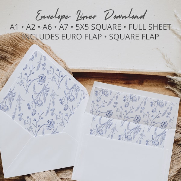 Dusty Blue Floral Envelope Liner Templates in A7 A6 A2 A1 & Square 5x5 for Wedding, Bridal Shower, Anniversary, Euro Flap Liner, Square Flap