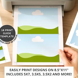 May include: A printer printing landscape design templates on 8.5" x 11" paper. The printed sheets feature a blue sky, green hills, and white clouds. Text on the image reads "18 Print Guide Template" and "Easily Print Designs on 8.5"x11" Includes 5x7, 3.5x5, 3.5x2 and more!"