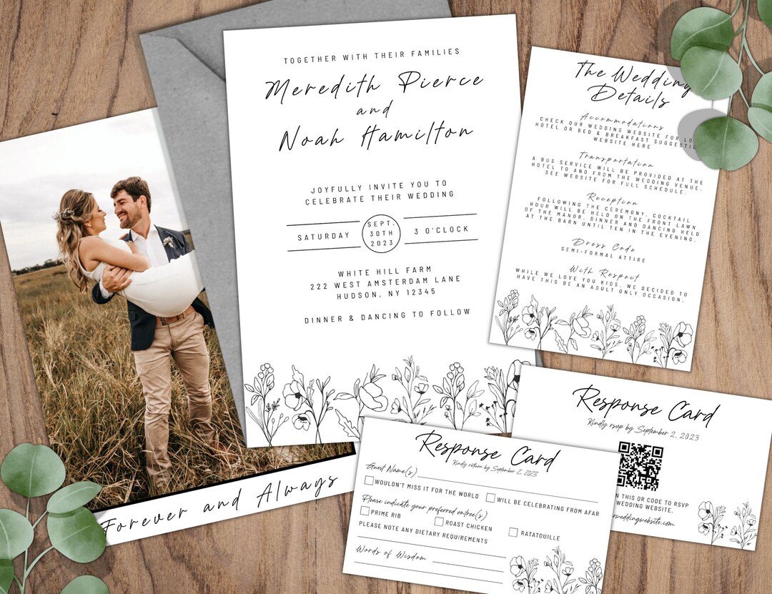 Minimalist Wedding Invitation Suite With Photo Template, Black White  Floral Wedding, QR Code RSVP, Wedding Details Card Picture Invite  Hong - Main Image