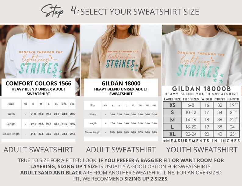 May include: A size chart for Comfort Colors 1566, Gildan 18000, and Gildan 18000B sweatshirts. The chart displays width, length, and sleeve length measurements in inches for adult and youth sizes, alongside images of sweatshirts with the text Dancing Through The Lightning Strikes.
