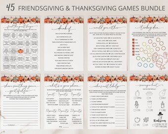 May include: A set of 10 printable Thanksgiving game cards featuring an autumnal theme with pumpkins, leaves, and plaid patterns. The games include "Find the Guest Bingo", "Drink If", "Would You Rather", "Turkey Dice", "Share Something You're Grateful For", "What's in Your Phone", "Who's Most Likely", and "Scavenger Hunt".