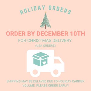Pode incluir: Gr&aacute;fico cor de p&ecirc;ssego claro com o texto "PEDIDOS DE F&Eacute;RIAS" e "ENCOMENDE AT&Eacute; 10 DE DEZEMBRO PARA ENTREGA DE NATAL (ENCOMENDAS DOS EUA)". Uma &aacute;rvore de Natal e um caminh&atilde;o de entrega tamb&eacute;m s&atilde;o apresentados.