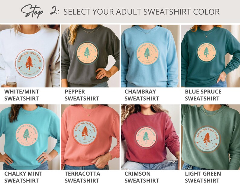Pode incluir: Uma sele&ccedil;&atilde;o de camisolas para adultos em v&aacute;rias cores, incluindo branco, cinzento, azul e verde. Cada camisola apresenta um gr&aacute;fico circular com um desenho de &aacute;rvore e o texto "Redwood Tree Farm". A imagem mostra as op&ccedil;&otilde;es de cores dispon&iacute;veis.