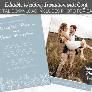 Pode incluir: Um convite de casamento azul claro com texto branco. O convite apresenta os nomes Meredith Pierce e Noah Hamilton, a data 20 de setembro de 2023 e a hora 3 horas. O convite tamb&eacute;m inclui o local do casamento, White Mill Farm, e o endere&ccedil;o 222 West Amsterdam Lane, Hudson, NY 12345. O convite tamb&eacute;m inclui o texto "Jantar e dan&ccedil;a a seguir". O convite &eacute; decorado com um design floral na parte inferior. O convite &eacute; acompanhado por uma foto de um casal em um campo. A foto &eacute; rotulada como "Foto opcional para o verso" e o texto "ever and Always" est&aacute; escrito abaixo da foto.