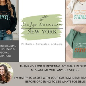 May include: Three crewneck sweatshirts in black, white, and sage green, each featuring the text 'DANCING THROUGH THE lightning STRIKES' with star accents. The black sweatshirt has teal text, the white has teal text, and the green has orange text.