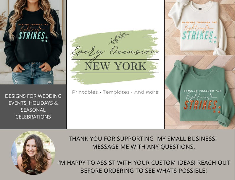May include: Three crewneck sweatshirts in black, white, and sage green, each featuring the text 'DANCING THROUGH THE lightning STRIKES' with star accents. The black sweatshirt has teal text, the white has teal text, and the green has orange text.