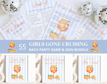 Könnte beinhalten: Eine Sammlung von Spielen und Schildern für Junggesellinnenabschiede. Die Spiele umfassen Quiz, ein "Drink If"-Spiel, ein "F*ck Marry Kill"-Spiel und eine Schnitzeljagd. Die Schilder zeigen Cocktail-Illustrationen und die Sätze "Last Sail Before the Veil", "Girls Gone Cruising Bachelorette" und "Let's Get Ship-Faced".