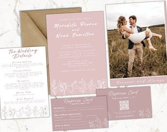 Blush Pink Wedding Invitation Suite with Photo Template, Minimalist Mauve Floral Invite Set with Wedding Details RSVP Card QR Code Download