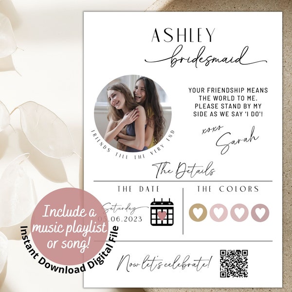 Custom Bridesmaid Proposal Info Card Template with Photo, Blush Pink Dusty Rose Pallet, Bridal Party Information, Maid of Honor, Flower Girl