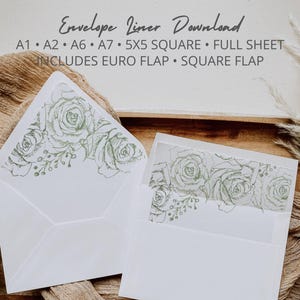 Sage Flowers Envelope Liner Templates in A7 A6 A2 A1 & Square 5x5 for Wedding, Bridal Shower, Anniversary, Euro Flap Liner, Square Flap