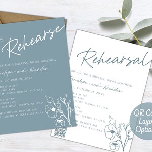 Dusty Blue Rehearsal Dinner Invitation Editable Template with QR Code RSVP, Slate Blue Periwinkle Modern Boho Wild Flower Wedding Invite