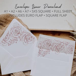 Rose Gold Flowers Envelope Liner Templates in A7 A6 A2 A1 & Square 5x5 for Wedding, Bridal Shower, Anniversary, Euro Flap Liner, Square Flap