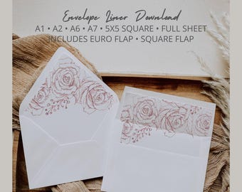 Rose Gold Flowers Envelope Liner Templates in A7 A6 A2 A1 & Square 5x5 for Wedding, Bridal Shower, Anniversary, Euro Flap Liner, Square Flap
