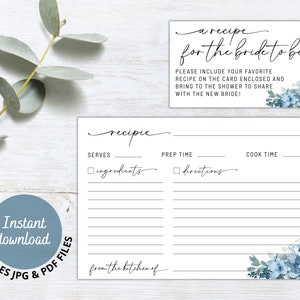 Boho Bridal Shower Recipe Card Printable with Dusty Blue Florals & Greenery, Recipe Request Card with Instant Download, Recipe Card Insert