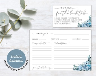Ricetta per addio al nubilato in stile boho stampabile con fiori blu polvere e verde, scheda di richiesta ricetta con download immediato, inserto per scheda ricetta