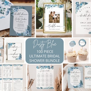 Dusty Blue Bridal Shower Bundle, Boho Floral Wedding Shower Invitation Suite, Shower Games, Welcome Sign, Envelope Liners, Signs Templates