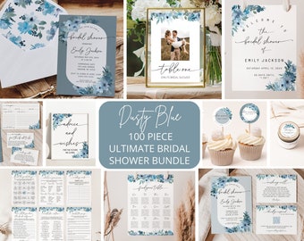 Dusty Blue Bridal Shower Bundle, Boho Floral Wedding Shower Invitation Suite, Shower Games, Welcome Sign, Envelope Liners, Signs Templates