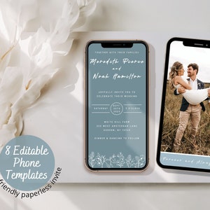 Dusty Blue Digital Wedding Invitation Template for Boho Wedding, Electronic iPhone Evite with Wildflowers, Smartphone Invite Photo Editable