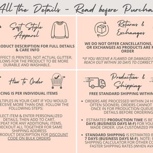 May include: A light peach informational graphic with black text and line art icons. The text includes headings: All the Details - Read before Purchase, Returns & Exchanges, How to Order, and Production & Shipping, along with detailed instructions.
