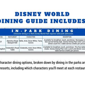 May include: A blue and white Disney World Dining Guide includes in-park dining information. The guide lists restaurants, characters, and meal descriptions for Epcot and Magic Kingdom. Text at the bottom states all character dining options.