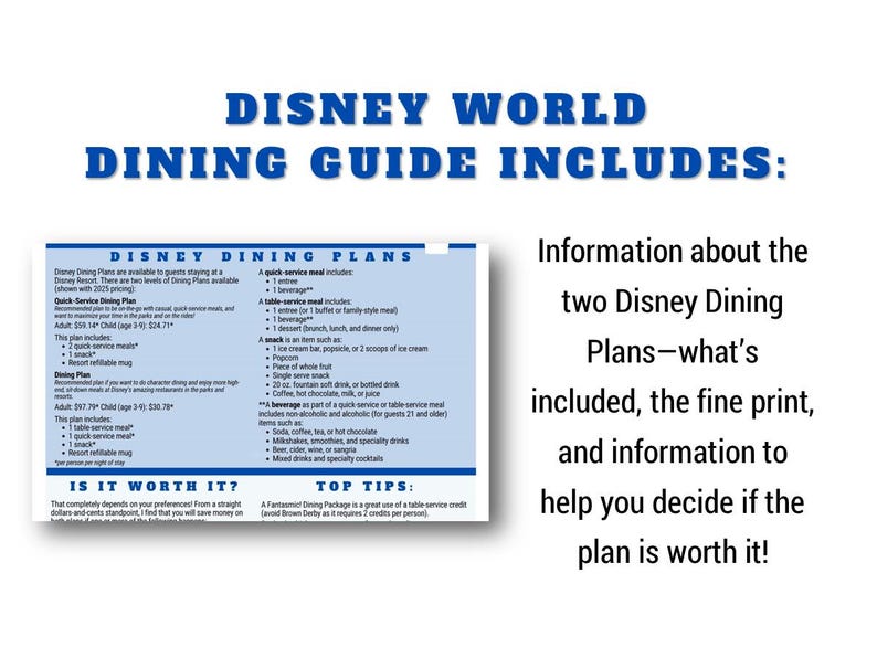 May include: A Disney World Dining Guide includes information about Disney Dining Plans. The guide details what's included in the plans, the fine print, and tips to help decide if the plan is worth it. The text is in blue and white.