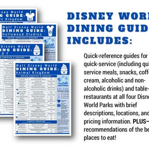 May include: A stack of four Disney World Dining Guides, each with a different park name: The Magic Kingdom, Hollywood Studios, Epcot, and Animal Kingdom. The guides are white with blue text and icons, providing quick-reference information.